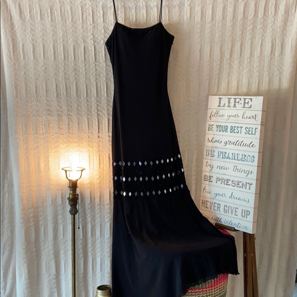 Vintage Style Mirrored and Beaded Black Dress
